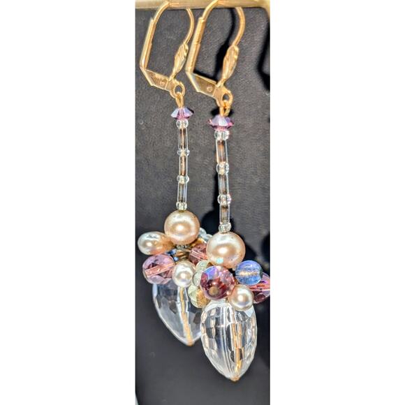 Crystal Faceted Heart Pearl Crystal Flower Beaded Gold Tone Lever Back Earrings - Picture 3 of 8